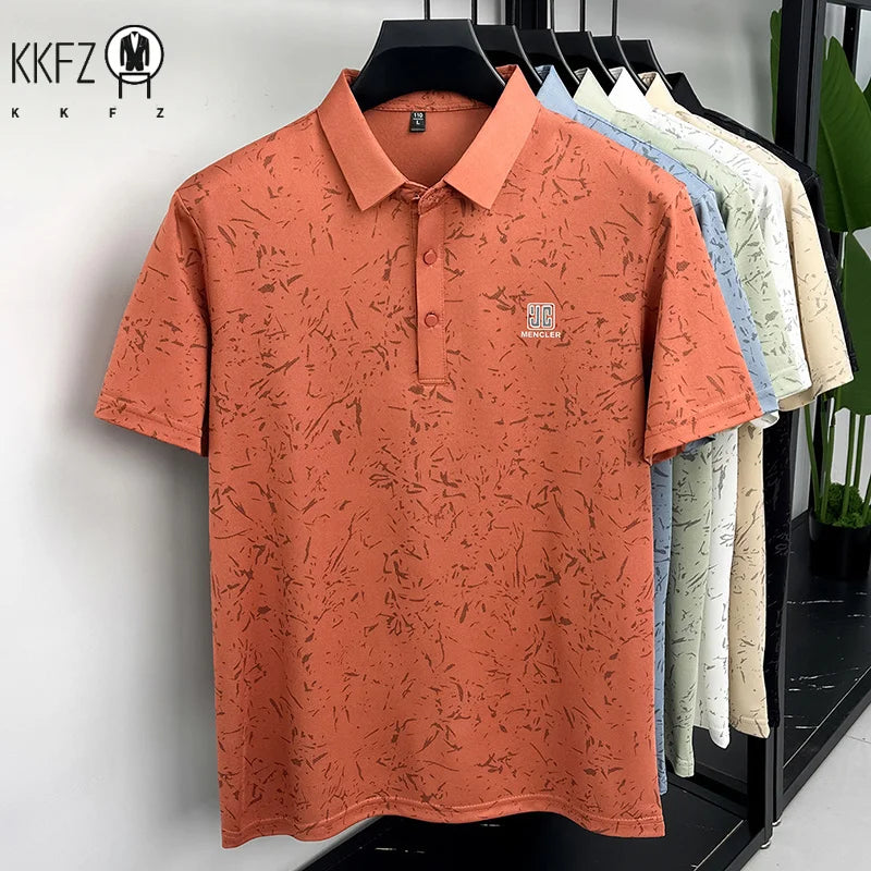 Business Casual Mens Splash Pattern Polo Short Sleeve Breath Mesh Short Vacation And Weekend Party Apparel