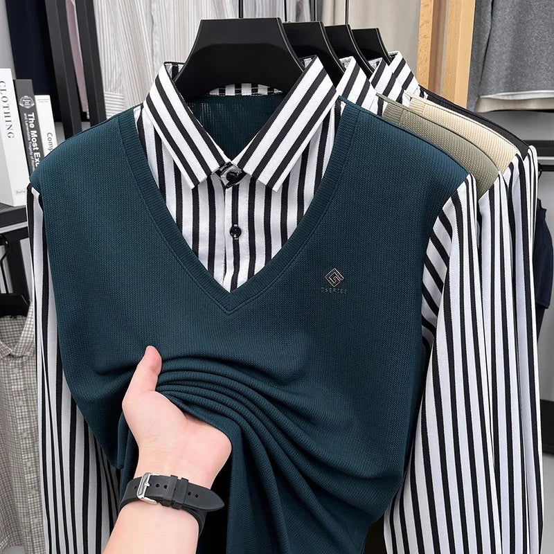 Mens Business Fake Two Piece Sweater Shirt Long Sleeve Striped Collar V Neck Pullover For Work