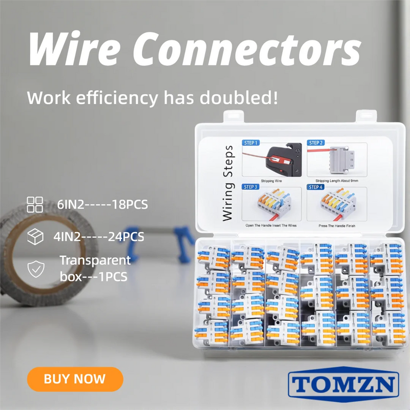 TOMZN Wire Connectors Transparent 6IN2 18PCS 4IN2 24PCS Wire Connectors 28-14AWG 0.08-2.5㎜² L and N + and - Orange Blue