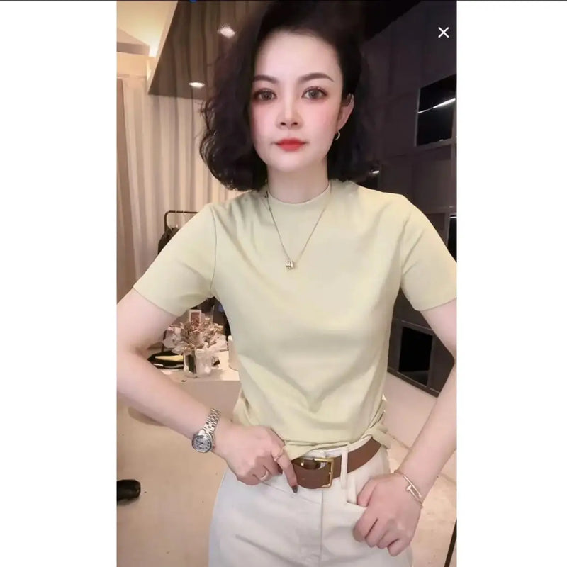 អាវយឺតកប្បាសដៃខ្លីសម្រាប់នារីថ្មី កពាក់កណ្ដាលខ្ពស់ ស្ដើង អាវធំ