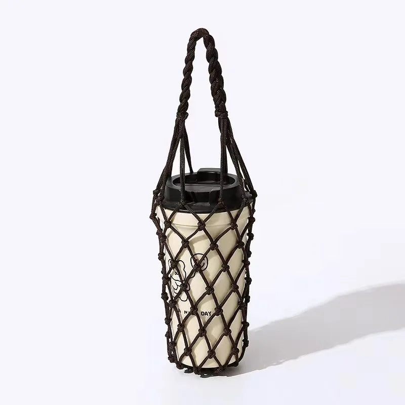 1pc Handwoven Reusable Cylindrical Mesh Bag,Reusable, Hand-Held Water Kettle Bag,Drink Bag,Portable for Beach,Picnics,Travel.