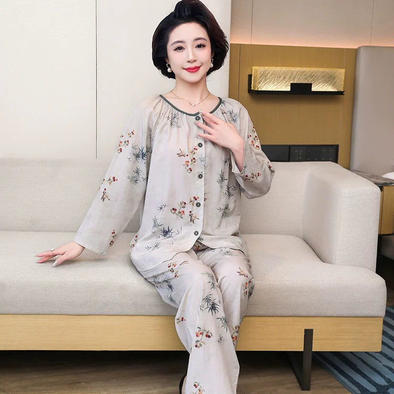2 Piece Set Nightwear for Women Pajamas 2026 Spring Autumn Long Sleeve Middle-aged Home Wear Loungewear Set Woman Night Clothes