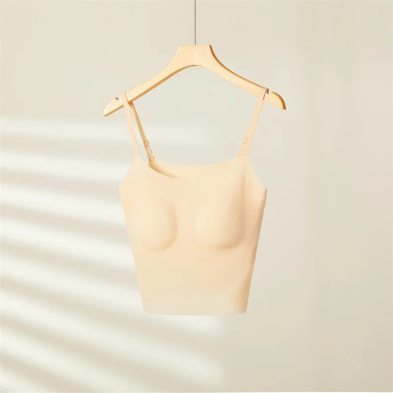 Seamless Ice Silk Sling Tank Top Chest Pad Inner Outer Wear Underwear Women Sleepwear Vest One Piece Pajamas Lingeries For Woman