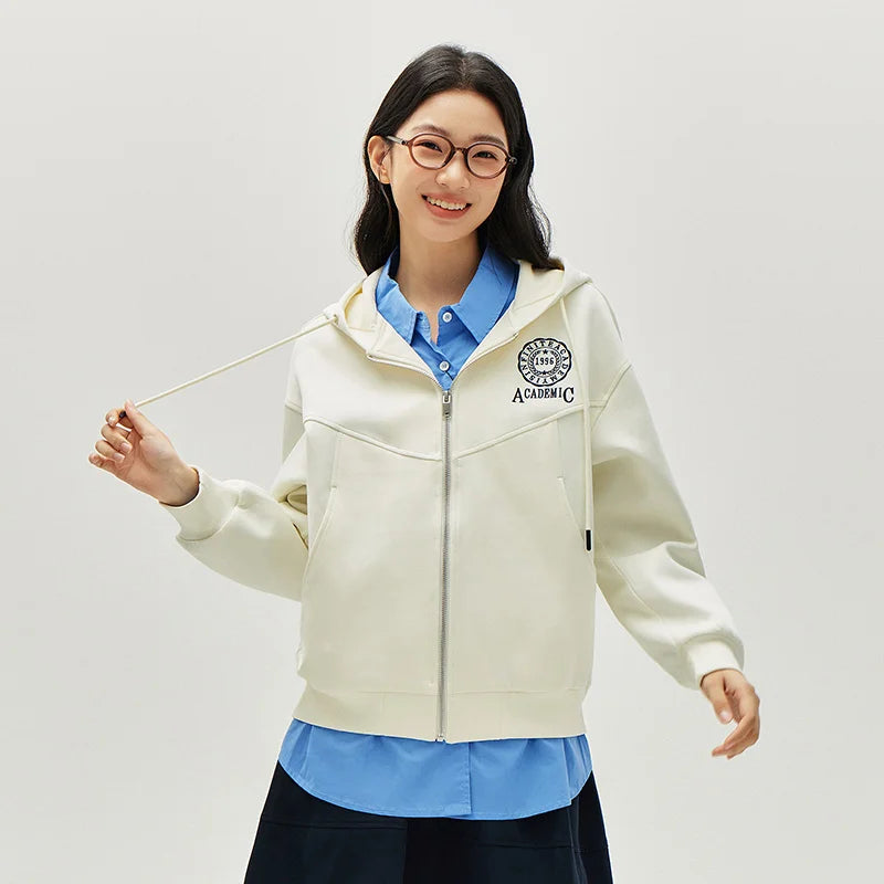 Semir Textured Jacket Women Spring Hooded Letter Embroidery Loose Drop Shoulder Split Design Preppy Style Casual Top