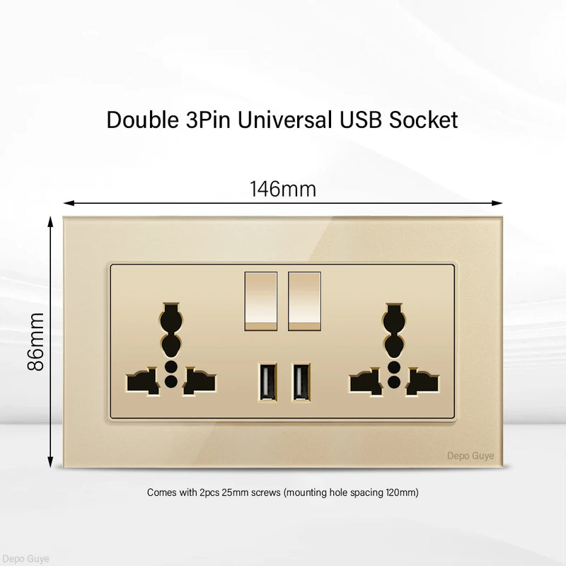 Gold UK 13A Tempered Glass Dual Socket,Universal Power Outlet With USB Type C 18W Quick Charge,Home Light Electric Switch Panel