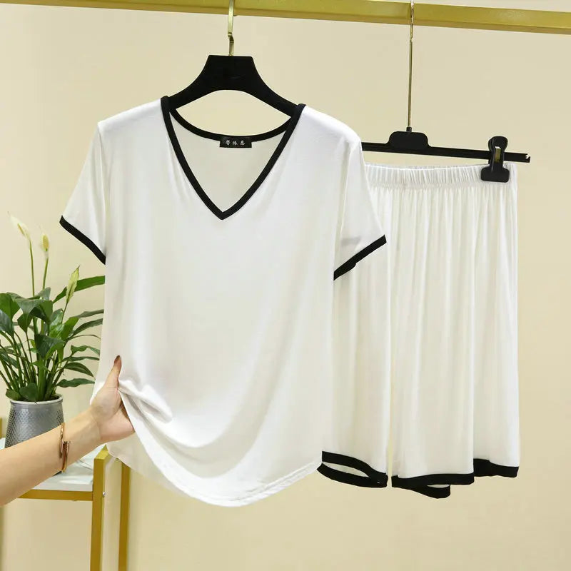 Summer Ensemble Femme 2 Pièces New Modal Short Sleeve Sleepwear Set V Neck T-Shirt Shorts Suit Casual Pajamas Women Nightwear
