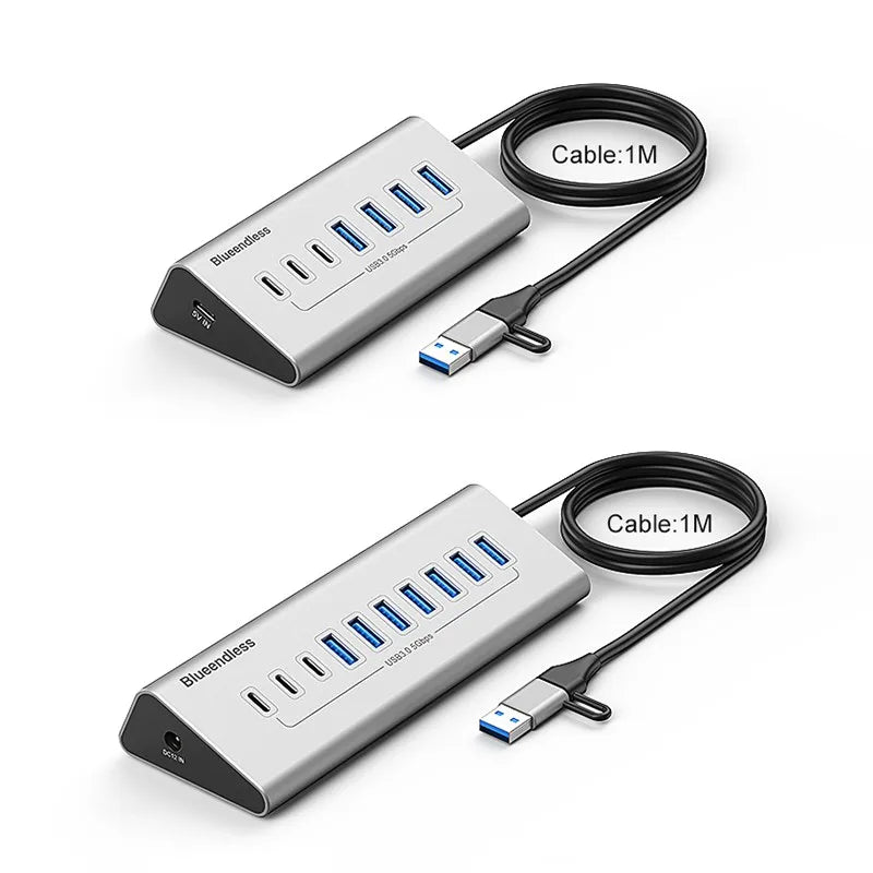 មជ្ឈមណ្ឌល USB3.0 ឥតខ្សែ 7 ច្រក 10 ច្រក USB C Hub 10 ក្នុង 1 អាលុយមីញ៉ូម Splitter Split Switch Adapter អាដាប់ទ័រថាមពល 12V សម្រាប់កុំព្យូទ័រ Macbook