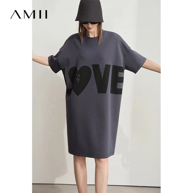 Amii Women's Printed Short Sleeve Dress Round Neck Loose Elastic Long Dress 2026 Summer New Fashion Knitted Clothing 12512014