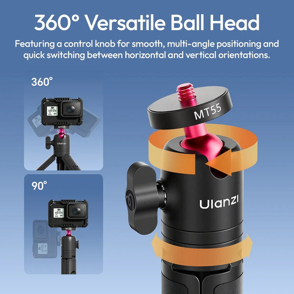 ជើងទ្រ Ulanzi MT55 SnapGo Mini Selfie Stick ជើងទ្រជាមួយ 1/4" ម៉ោន 360° ក្បាលបាល់ របៀប Mantis សម្រាប់កាមេរ៉ាសកម្មភាព ទូរស័ព្ទ Vlog ពន្លឺ