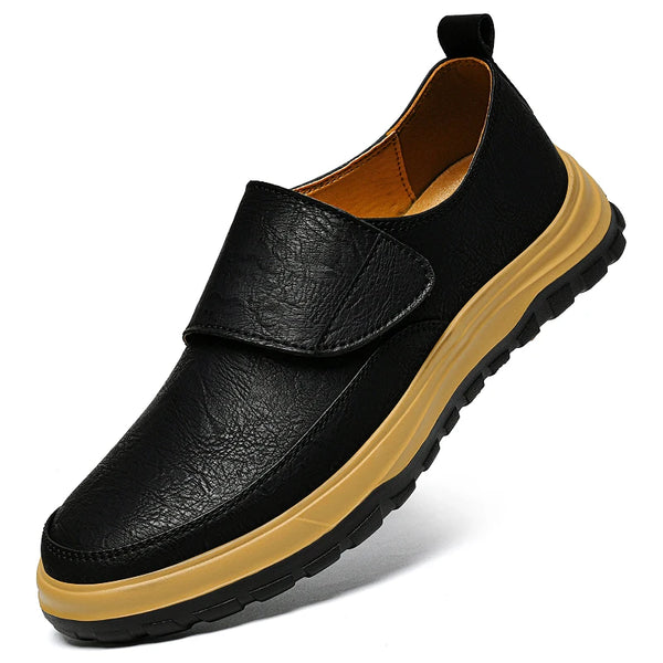 Men's Slip-On Casual Leather Loafers, Natural Leather Upper, Hook and Loop Strap, Black