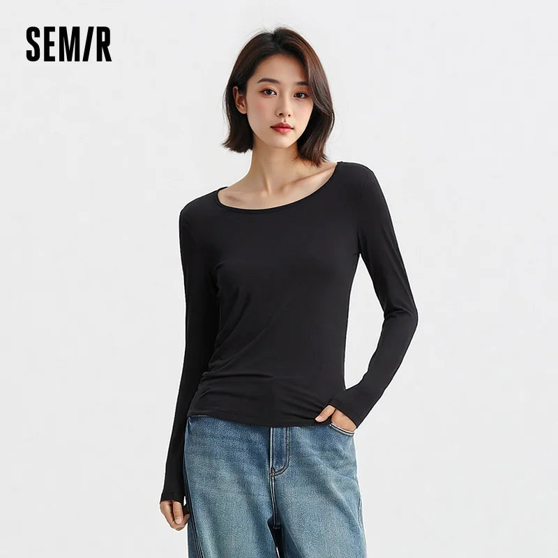អាវយឺត Semir សម្រាប់នារី កមូល ដៃវែង ពណ៌ស្រស់ឆើតឆាយ ទន់ ពាក់ជាស្រទាប់ៗ សម្រាប់រដូវផ្ការីក ឆ្នាំ២០២៦ សម្រាប់ពាក់ជារៀងរាល់ថ្ងៃ