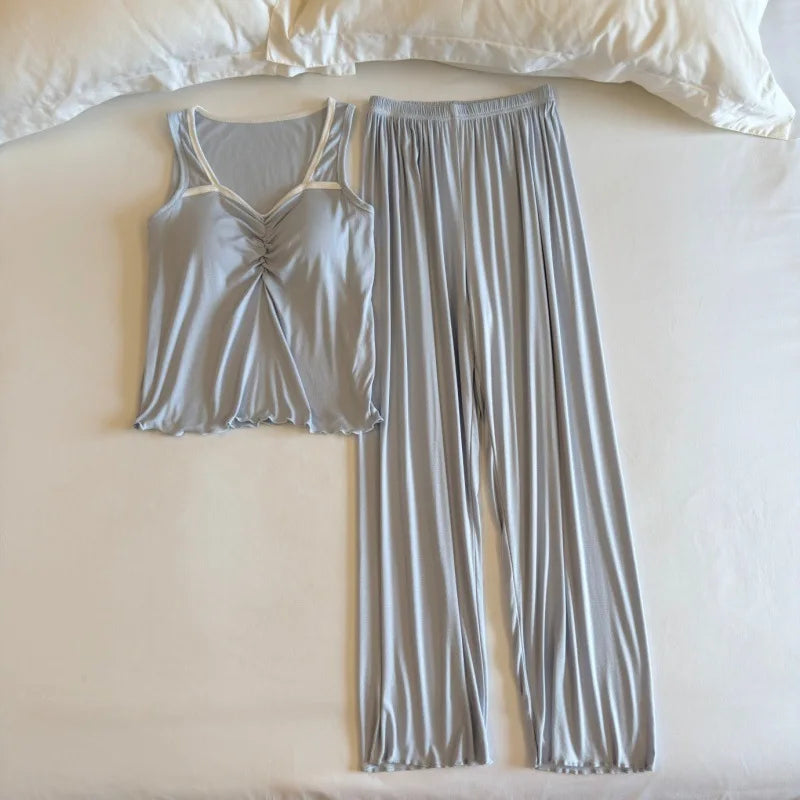 Sleeveless Nightwear Women Pajama Women's Home Clothes Chest Pad Homewear 2 Pieces Sleepwear for Summer Suit Long Pants Pijama
