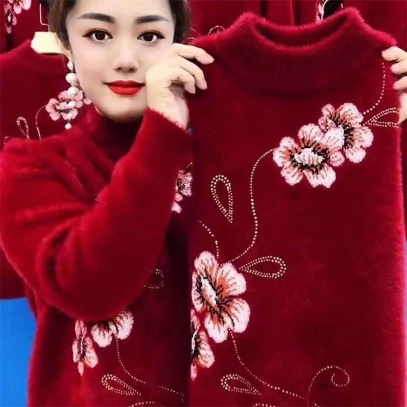 Printed New Knit Cashmere Sweater For Woman Pull Jumper Turtleneck Warm Mother Pullover Top Thicken Knitting Women's Clothing