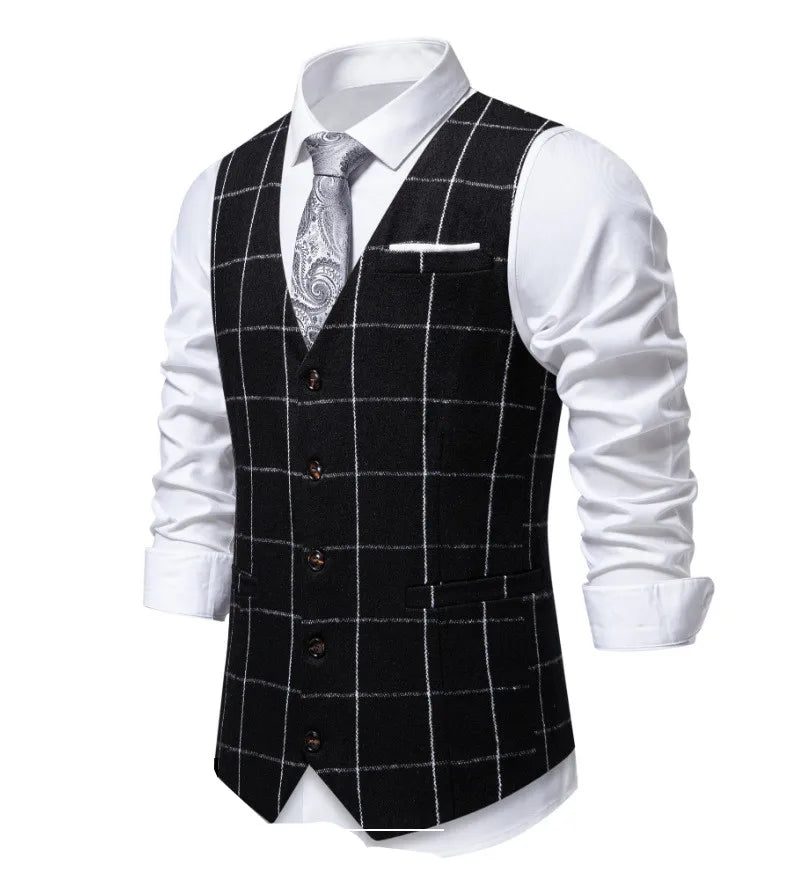 Men's Black Suit Vest; White Checkered Single-breasted V-neck Sleeveless Vests; European Sizes.
