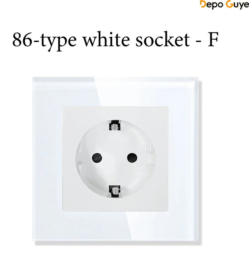 EU Standard 86x86mm Tempered Glass Wall Socket 16A Power Outlet with 5V 2A USB Type C or Dual USB for Home Hotel Office