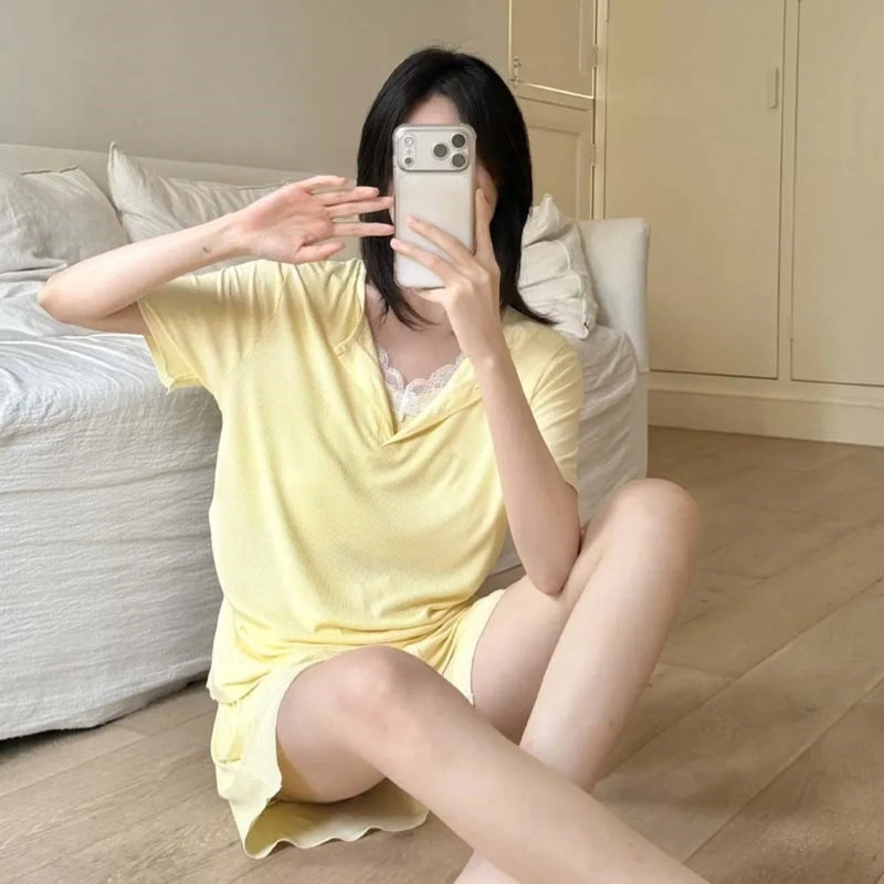 Thin Women's Sleepwear Pyjama Shorts Suit Pijama Femme Loungewear Pj Sets Solid Color Home Clothes Summer New Loungewear Suit
