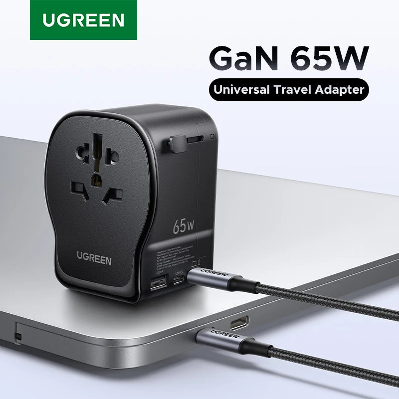 UGREEN 65W GaN Universal Travel Adapter 2 USB-C 1 USB-A AC Socket Charger Certified CE FCC UKCA TÜV For EU US UK Grounded Plug