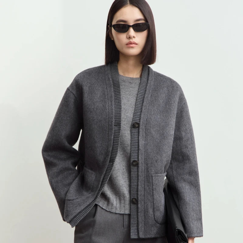 AMII Winter Clothes Women 2026 Sweater Cardigan Women Coat Winter Jacket Woman Long Sleeve Top Spliced V-neck Loose 12423086