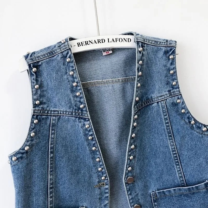 Fashion Rivet Denim Vest Women's Thin Short Spring Autumn Sleeveless Top Small Vest Outside Wear Jacket Female Waistcoat
