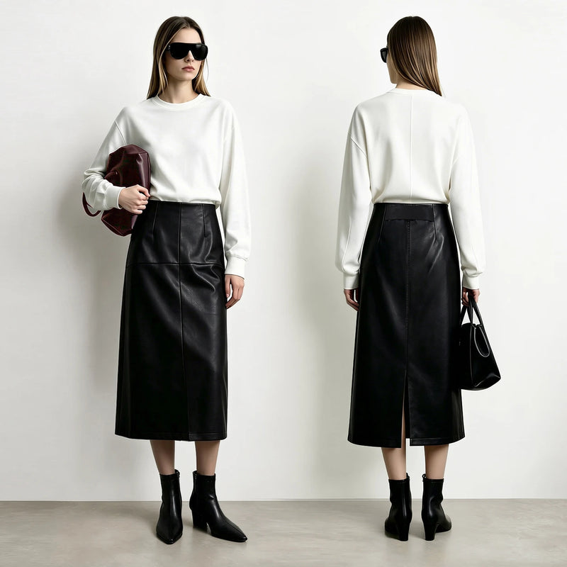 Amii Women PU Skirt Autumn Satin Elastic Waist Sash Belt Elegant Vintage Straight Midi Skirts Office Woman Clothing 12623056