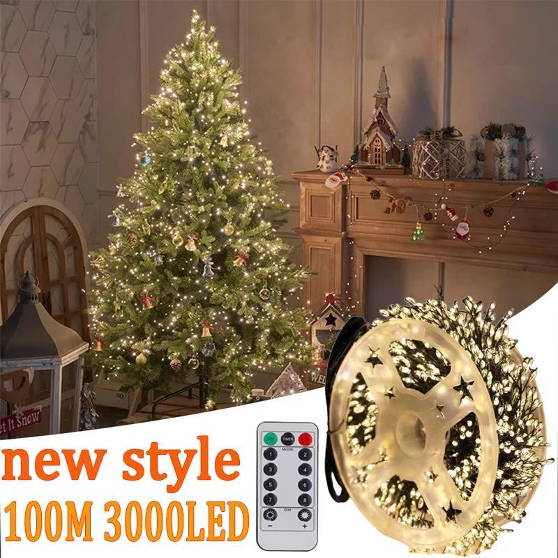 ភ្លើងខ្សែ LED 60/100 ម៉ែត្រ បាញ់កាំជ្រួច ជាមួយឧបករណ៍បញ្ជាពីចម្ងាយ ដោត EU ចង្កៀងខ្សែបុណ្យណូអែល សម្រាប់តុបតែងភ្លើងបំភ្លឺក្រៅផ្ទះដើមឈើណូអែល