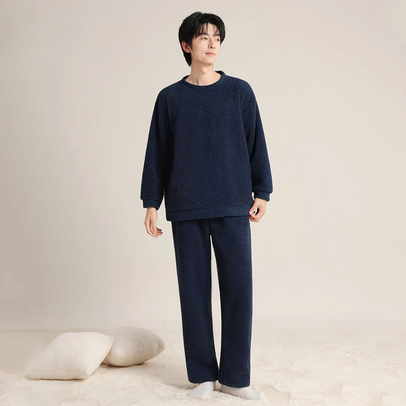 Couple Pajamas Set Coral Fleece Winter Warm Sleepwear Long Sleeve Thicken Women Pajama Loose Sleeping Clothes Home Wear Suit