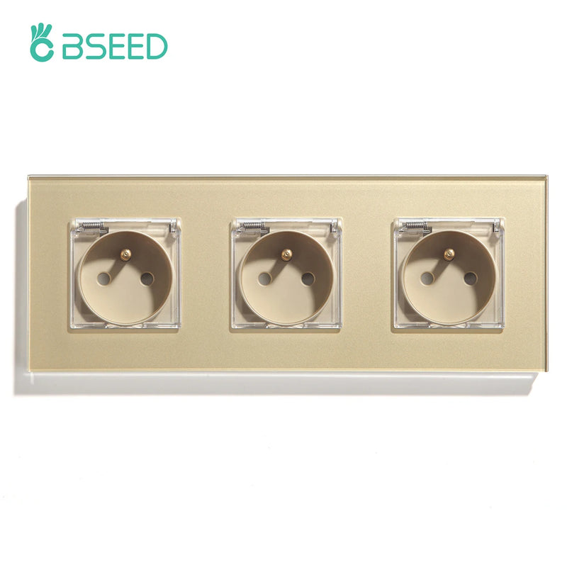 BSEED FR Standard Single Socket With Waterproof Cover Double Wall  French Outlets Triple Power Plugs 16A Glass Panel 110-250V