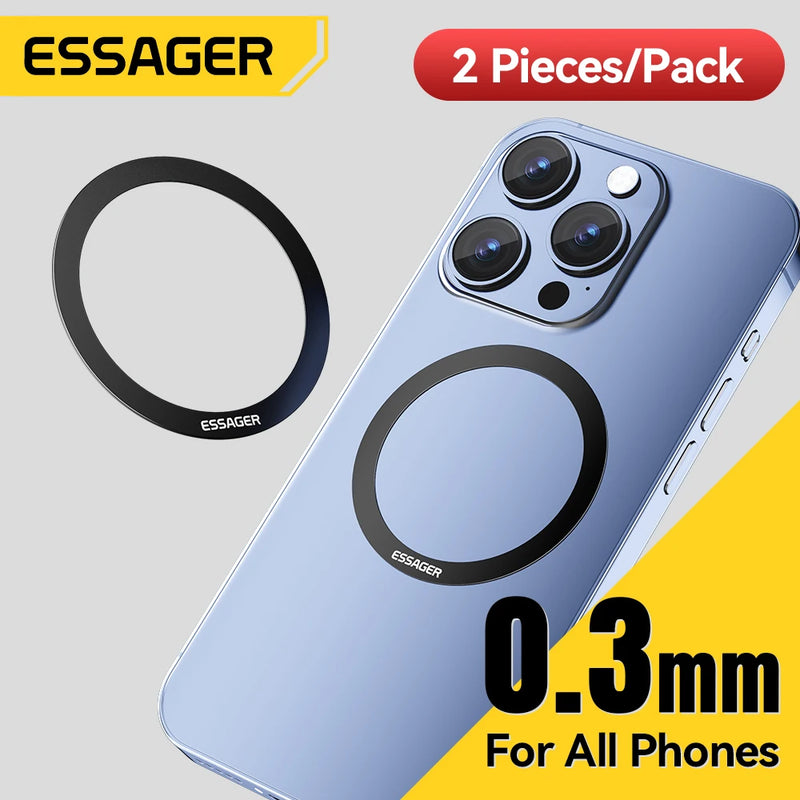 ចិញ្ចៀនដែកម៉ាញេទិក Essager 2PCS សម្រាប់ iPhone 16 15 14 13 Pro Max Plus មេដែក MagSafe សម្រាប់បន្ទះសាកថ្មឥតខ្សែ Samsung Xiaomi
