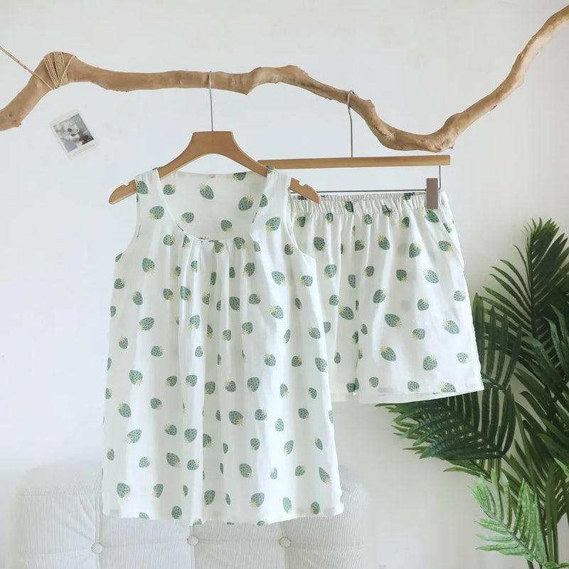 Chest Pad Women's Pajama Set Sexy Nightwear Two-Piece Ladies Set Home Wear Summer Sleeveless Sleepwear Cotton Pyjama Set Woman