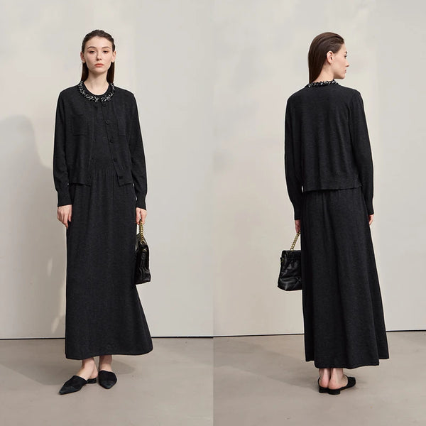 AMII Midi Dresses 2026 Autumn New Knitted Cardigan Sleeveless Long Dress Round Neck Solid Elegant Loose Ladies Clothing 12543209