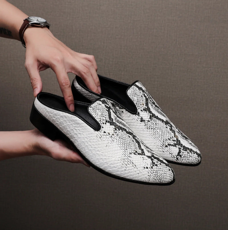 Big Size Mens Backless Mules Pointed Toe Slip on Loafers Men Low Heel Python Pattern Half Slippers Party Dress Shoes