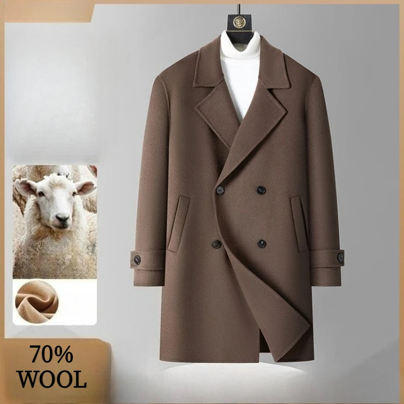 70.2% Virgin Wool Overcoat, Double-Faced Luxury Minimalist, Structured Warmth Design, Business Gentleman