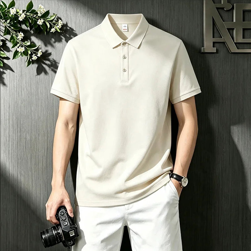 Loose Fit Short Sleeve Solid Polo For Males Turn Down Collar Button Placket Streetwear Simple Casual Wear Top