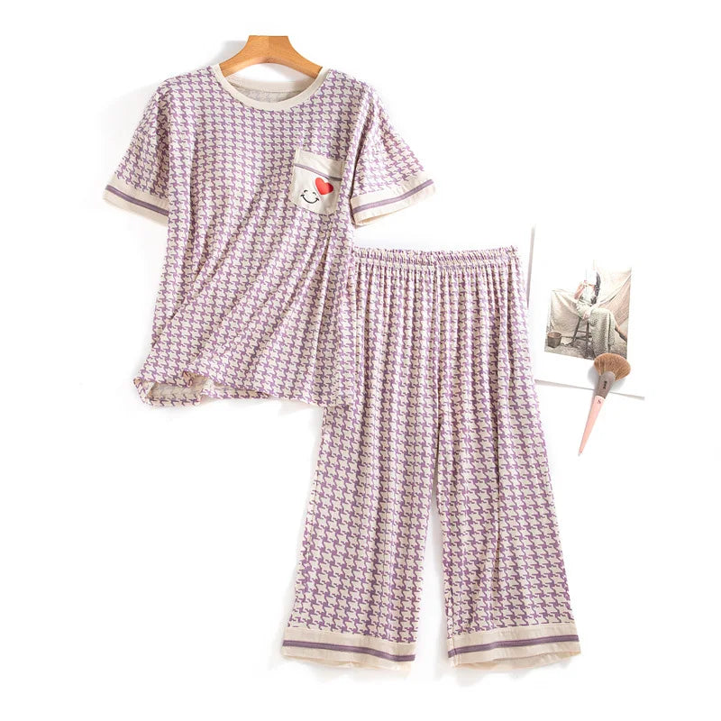 Modal Women's Summer Pajamas New Fashion Short Sleeve Capri Pants Set Chest Pad Sleepwear Nightwear Home Suit Pyjamas Dames