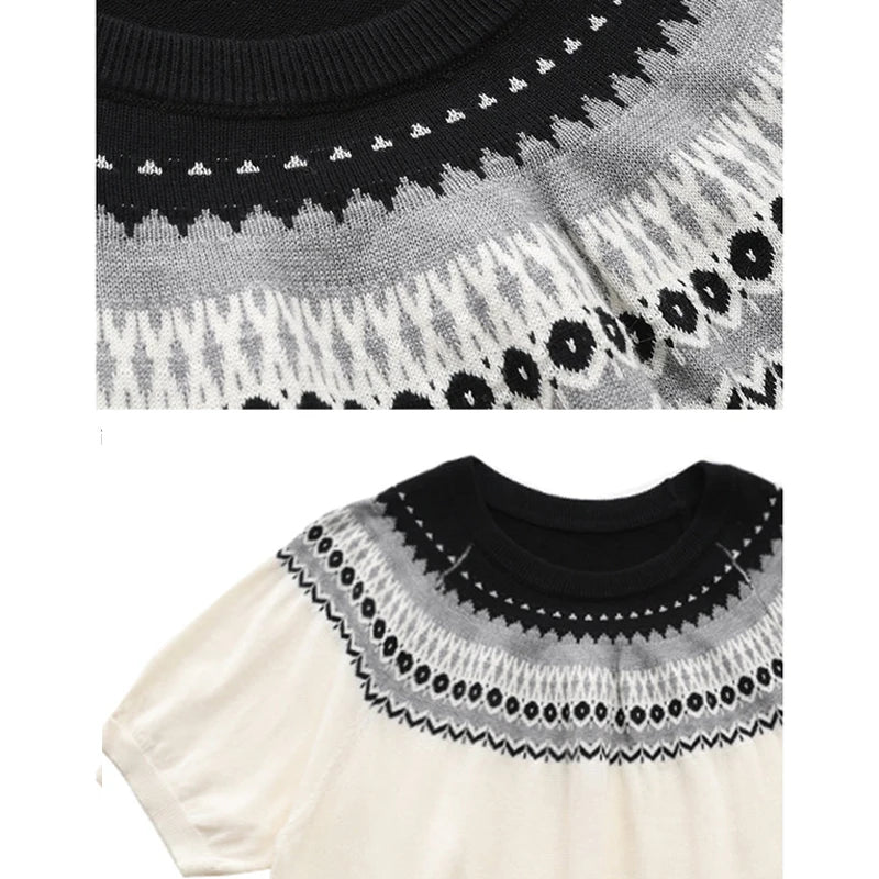Men's Fair Isle Knitted Short Sleeve T-Shirt -Old Money Style Crewneck Summer Top Vintage Geometric Jacquard Casual Business Tee