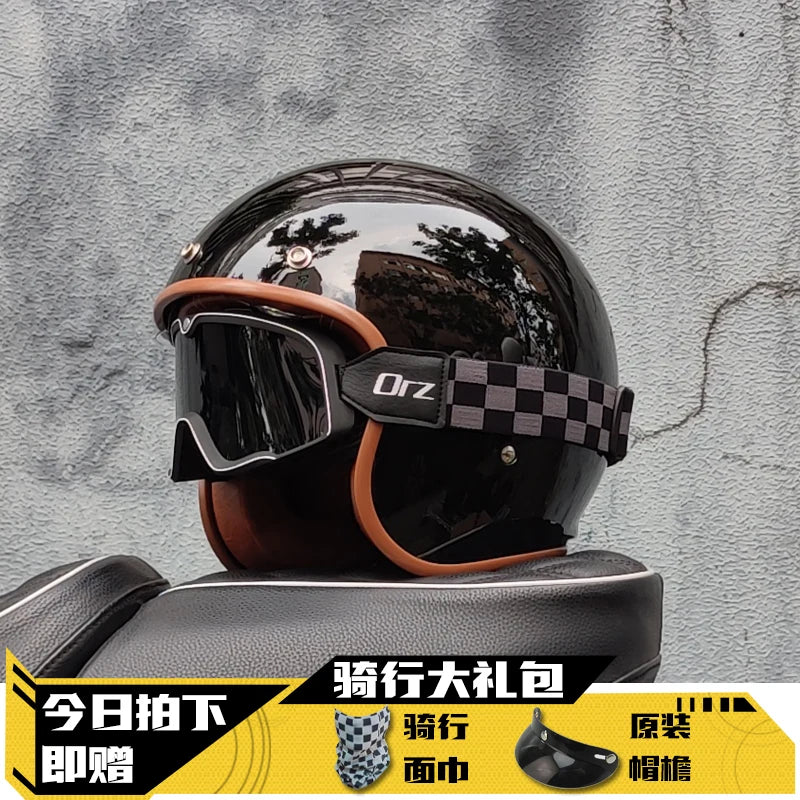 Latest Retro Motorcycle Helmet Open Face 3/4 Chopper Bicycle Helmet Capacete with Lens DOT Approved orz-060