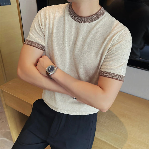 Men's Linen Blend Color-Block Knit Polo – Breathable, Moisture-Wicking Short Sleeve Shirt with Natural Drape