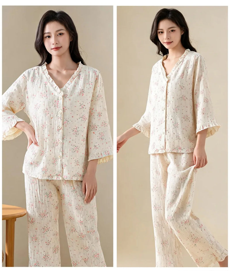 Floral Sleepwear 100% Cotton Women's Pajamas 2 Piece Sets V-neck Button Down Trousers Lounge Wear Spring Autumn Soft Nightwear