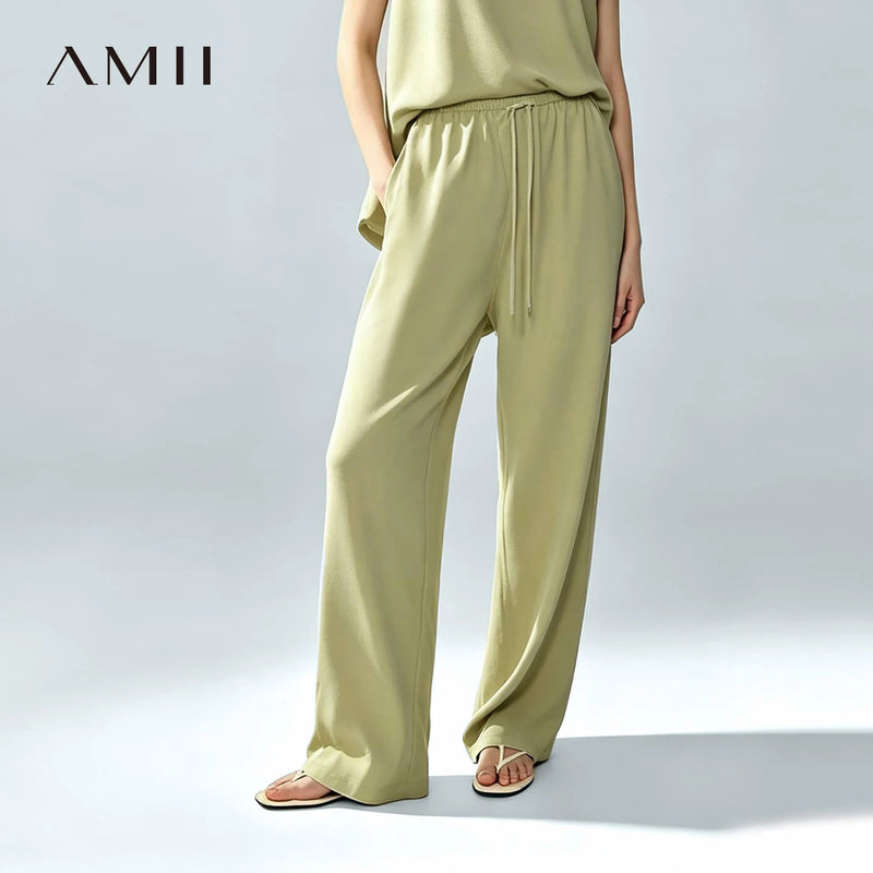 Amii Women's Pants 2026 Summer New Acetate Tie Elastic Waist Wide Leg Trousers Solid Color Casual Loose Pants For Women 12652067