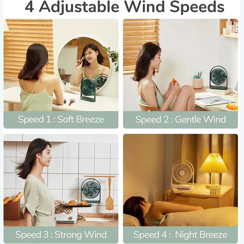 JISULIFE Table Fan Mini USB Strong Wind  Rechargeable Desk Fans Wireless 4000mAH with 4 gear Wind Speed 330° Degree Rotata