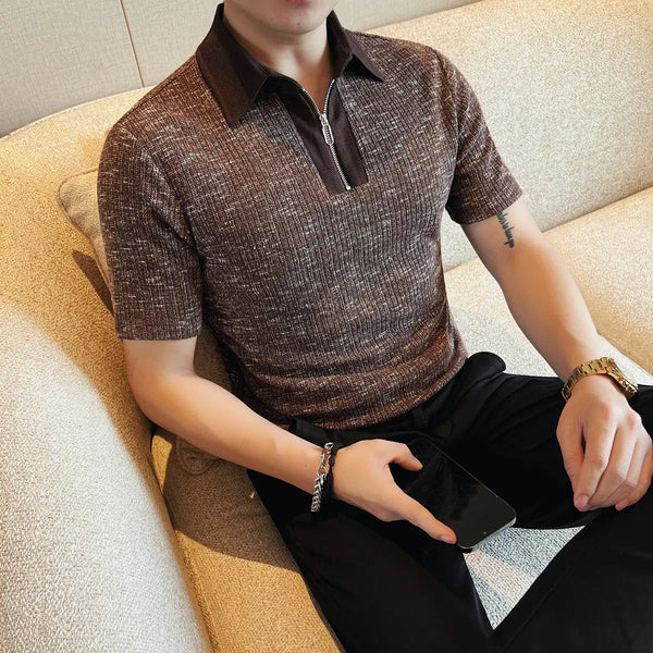 High Quality Men's Stretchable Knitted Polo Shirt Short Sleeve Zipper Collar Textured Breathable Summer Casual Fashion Top