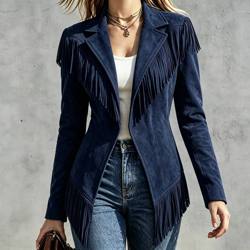 Lightweight Women's Long-sleeve Collared Jacket with Fringe Detailing; Available in Black, Red, Green, Khaki, Beige, Blue, Gray.