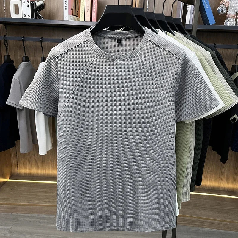 Men Waffle Knit Short Sleeve Crew Neck T Shirt Casual Lightweight Breathable Soft Top For Daily Use