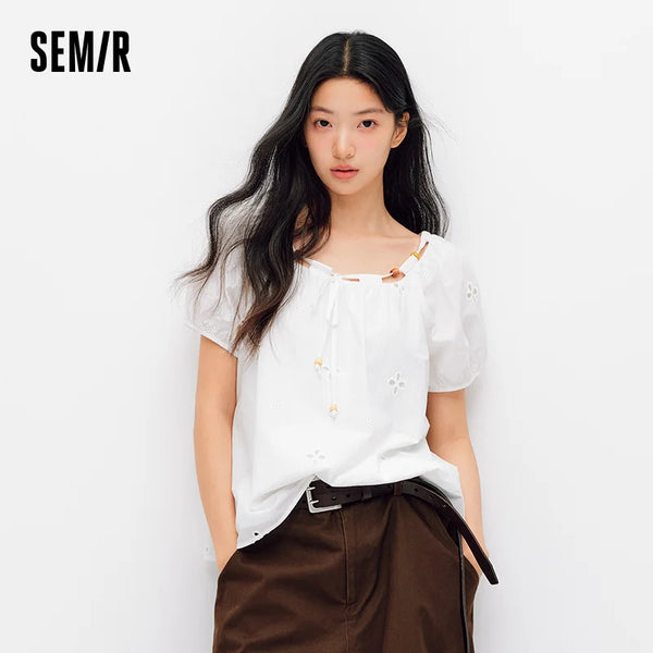 អាវ Semir សម្រាប់នារី ក រាងការ៉េ ដៃអាវប៉ោង ពណ៌ស បែបបារាំង គួរឲ្យស្រលាញ់ អាវធម្មតា រដូវក្ដៅ ឆ្នាំ២០២៦