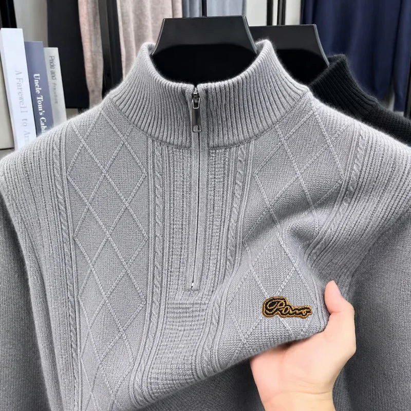Men's Long-Sleeved Knitwear Mock Neck Zipper Letter Exquisite Embroidery Autumn Winter New Pullover Leisure Trend Men's Clothing