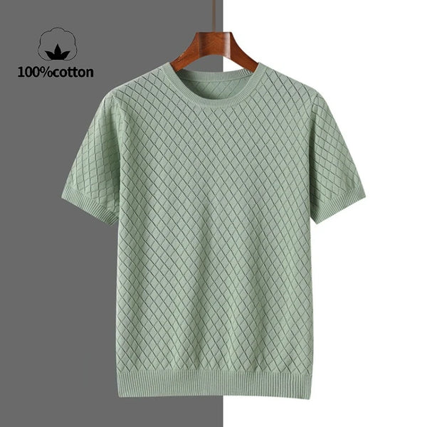 Men's 100% Cotton Short Sleeve T-Shirt with Diamond Knit Texture – Breathable Crew Neck Casual Top