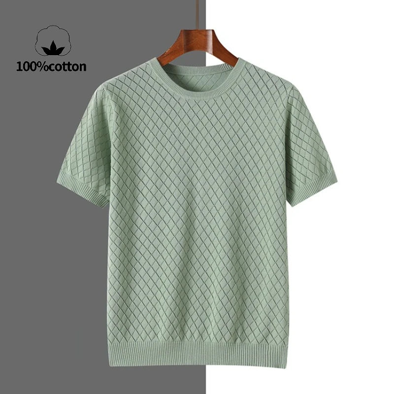 Men's 100% Cotton Short Sleeve T-Shirt with Diamond Knit Texture – Breathable Crew Neck Casual Top