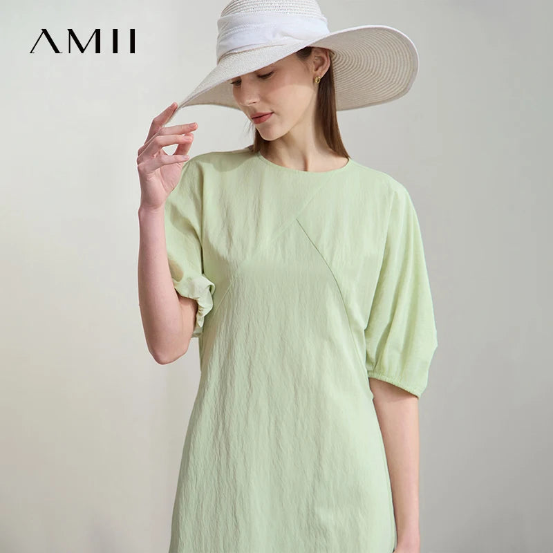 AMII Women Elegant Summer Dresses 2026 Round Neck Lantern Sleeve Solid Dress Female New Fashion Office Lady Clothing 12542030