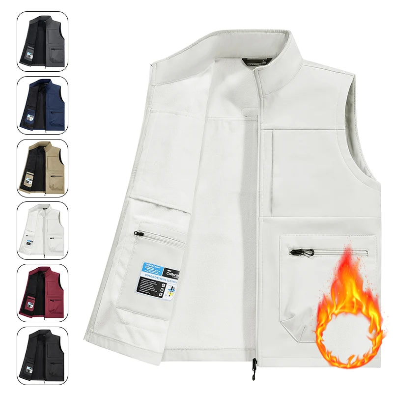 multi-pocket outdoor fishing suit vest coat  New workwear soft-shell with fleece vest LOGO printing casual men's vest
