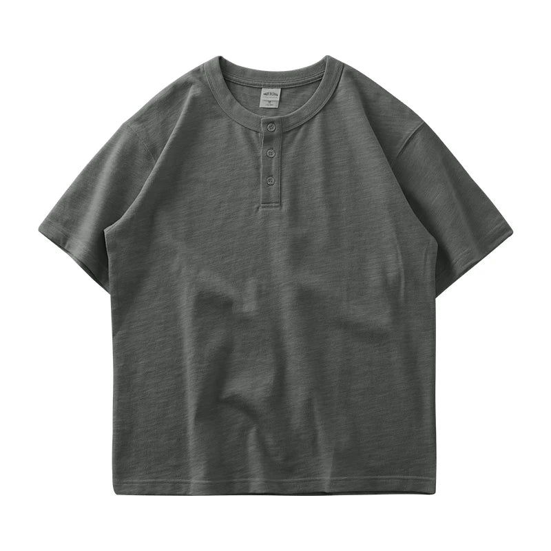 Dukeen 320g Heavyweight Henley Shirt for Men Short Sleeved Summer 100% Cotton Oversized White T Shirt Man Clothing
